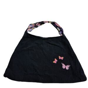 Vintage Y2K Black Corduroy Shoulder‎ Bag Embroidered Butterflies